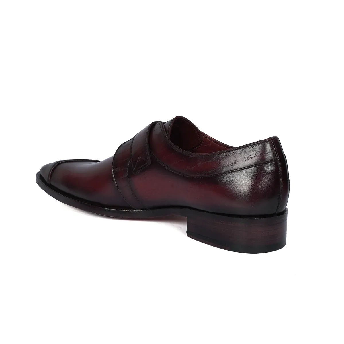 Wine Leather Single Monk Formal Shoes Slant Cap Toe Laser Engraved Top Line By Brune & Bareskin