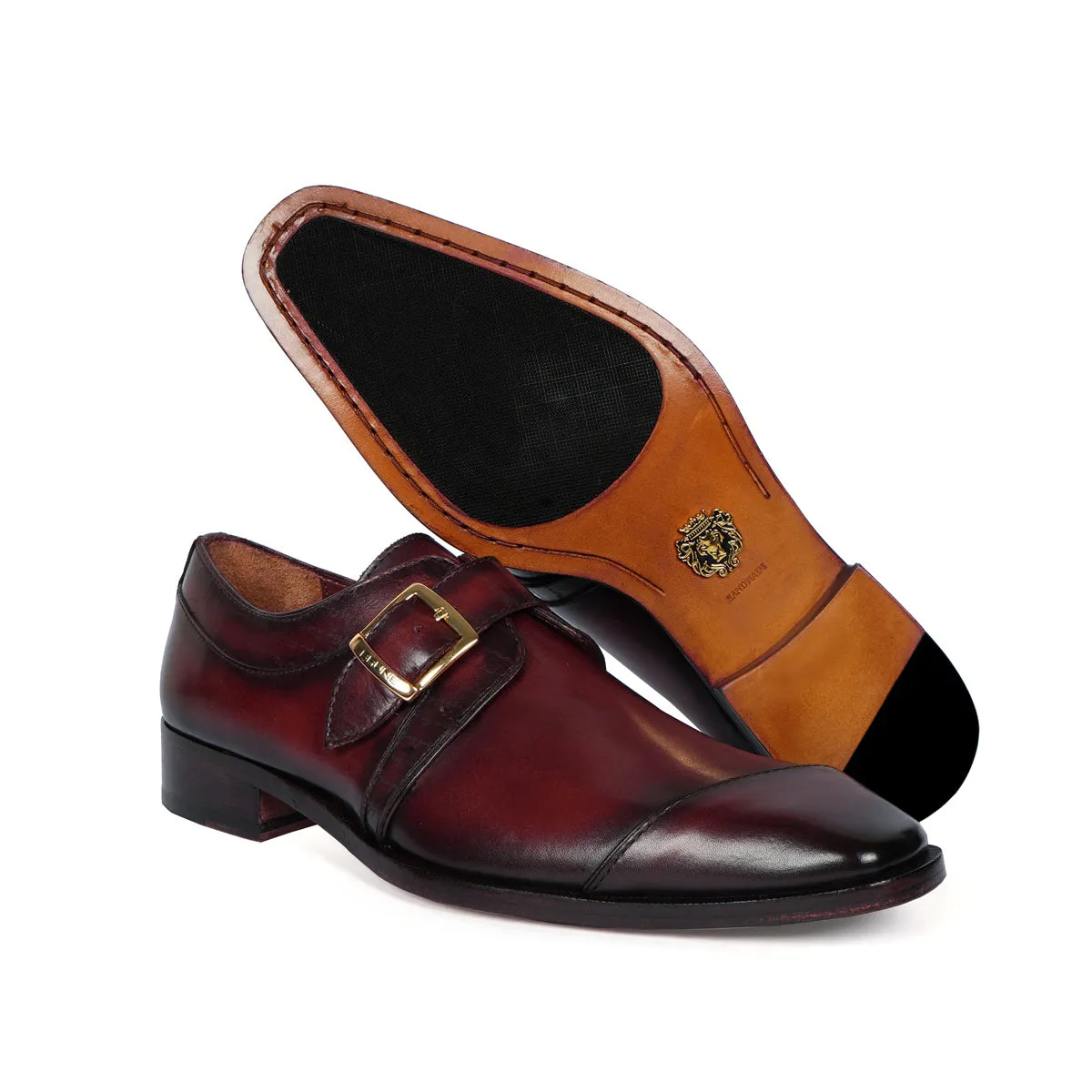 Wine Leather Single Monk Formal Shoes Slant Cap Toe Laser Engraved Top Line By Brune & Bareskin