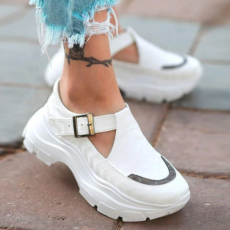 Women buckle strap hollow color block wedge sneakers