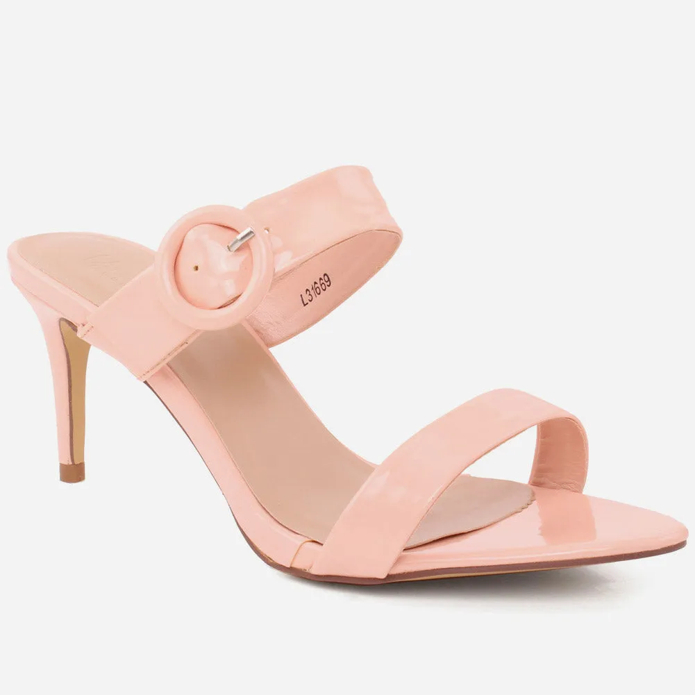 Women "FEEBEE" Round Buckle Double Strap Open Toe Patent Platform Slip On Stiletto Heel Sandals