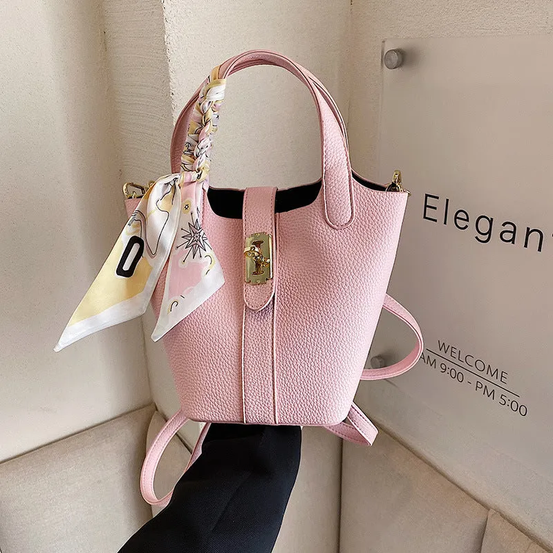 Women's Bag New Lychee Pattern Shoulder Bag Silk Scarf Shoulder Bag Female Small Fresh Messenger Bag Lock Buckle Bucket Bag