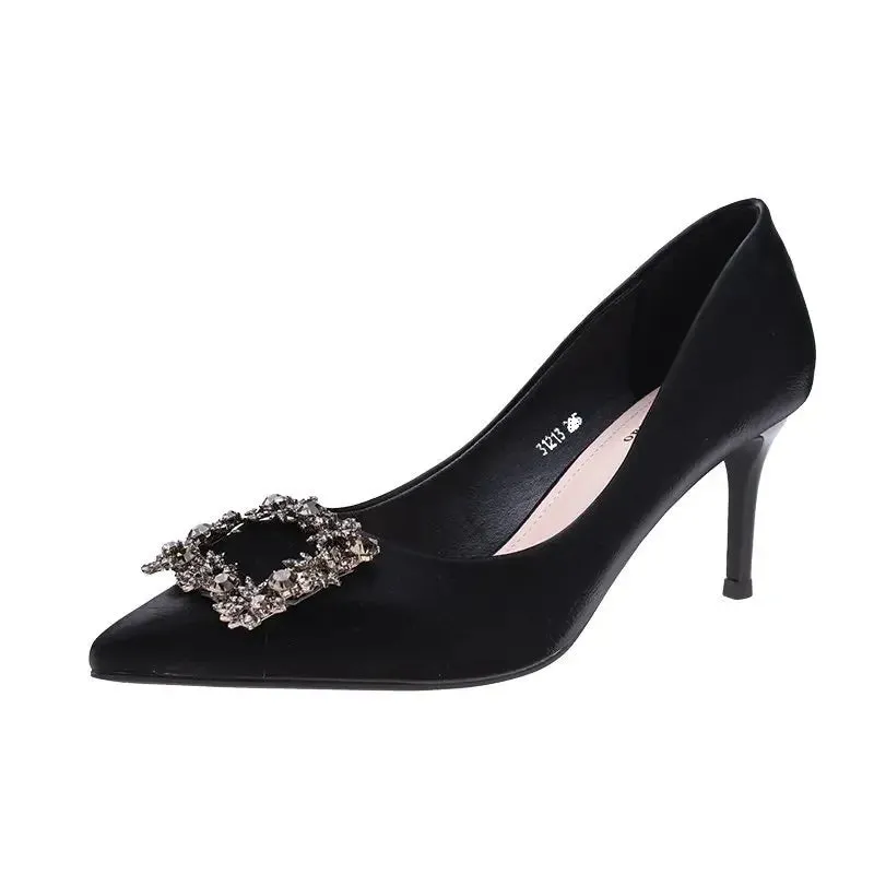 Women's Mid-Heeled Sandals - Black Square Buckle, Pointed Toe, Thin Heel for Banquets & Formal Events