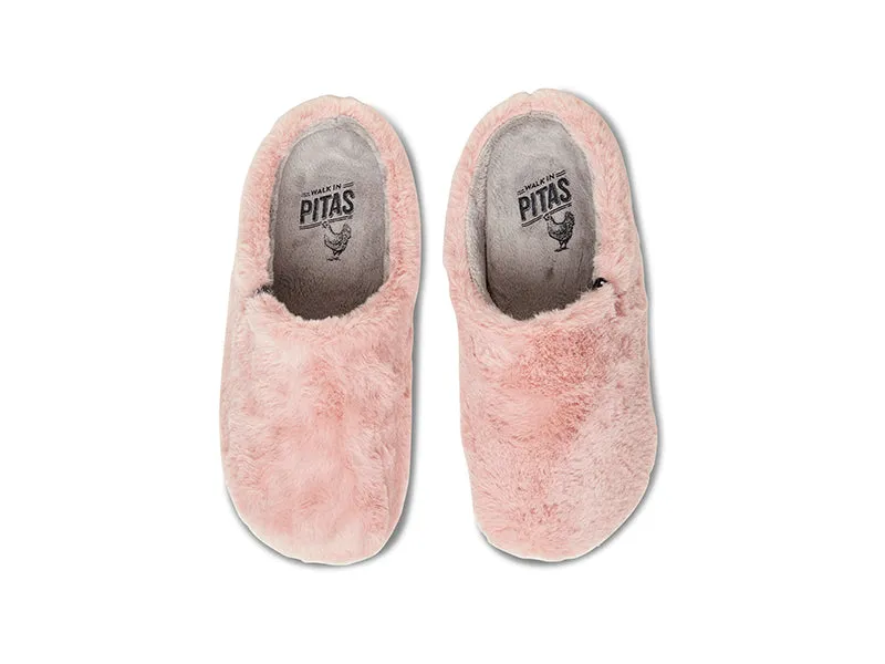 Women's pink fluffy faux fur mule slippers, 100% recycled materials