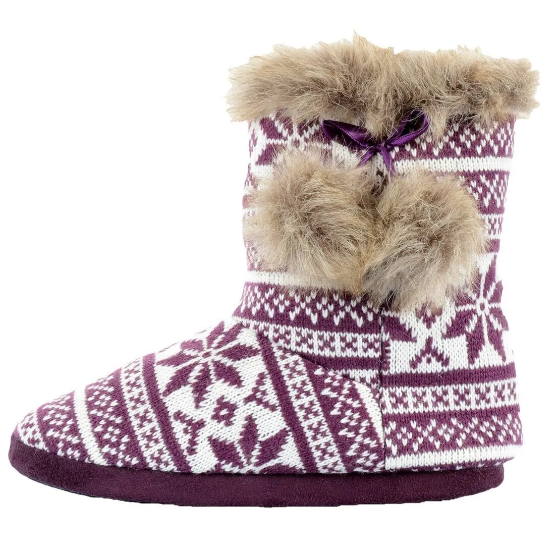 Womens Slipper Boots Fair Isle Nordic Faux Fur Pom Poms