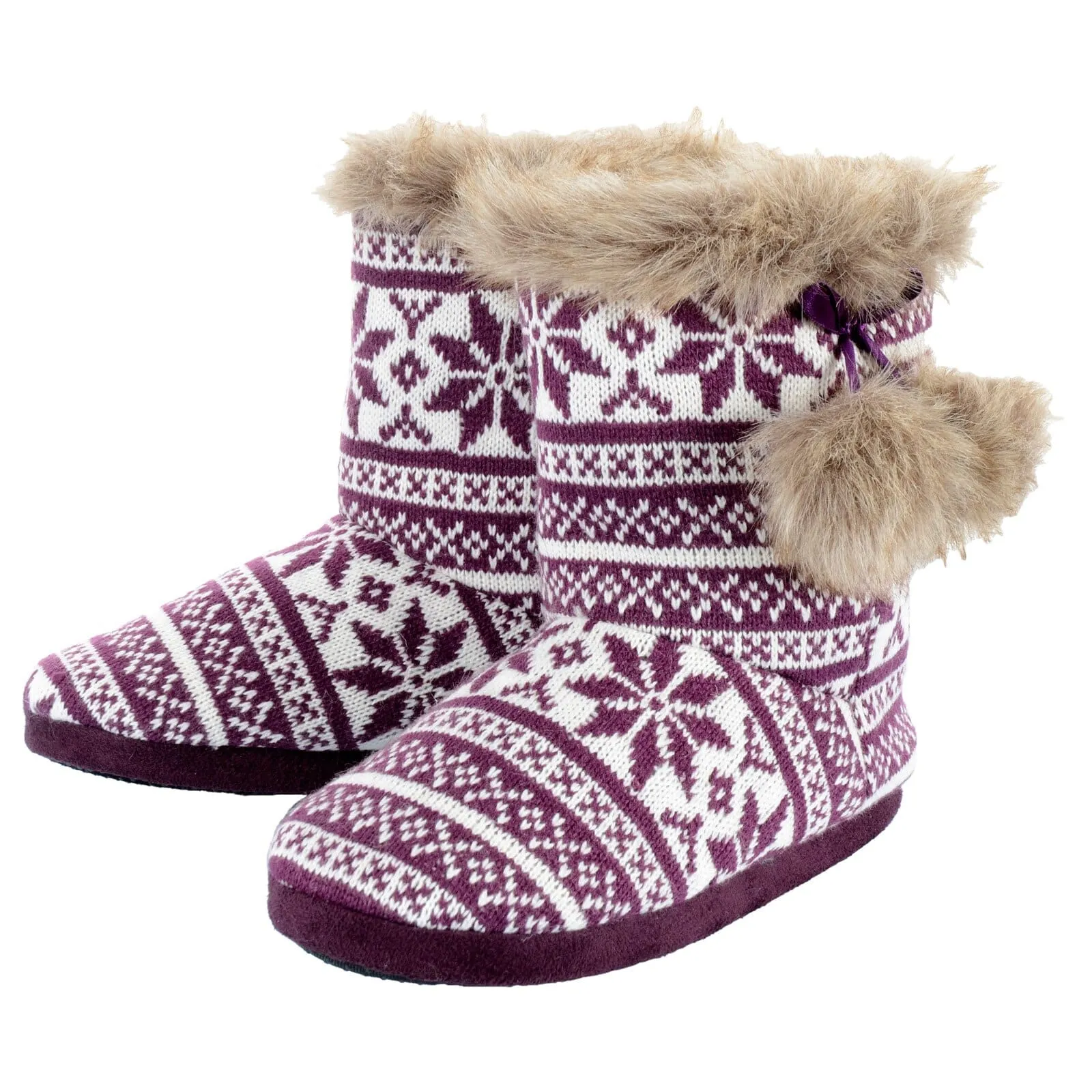 Womens Slipper Boots Fair Isle Nordic Faux Fur Pom Poms