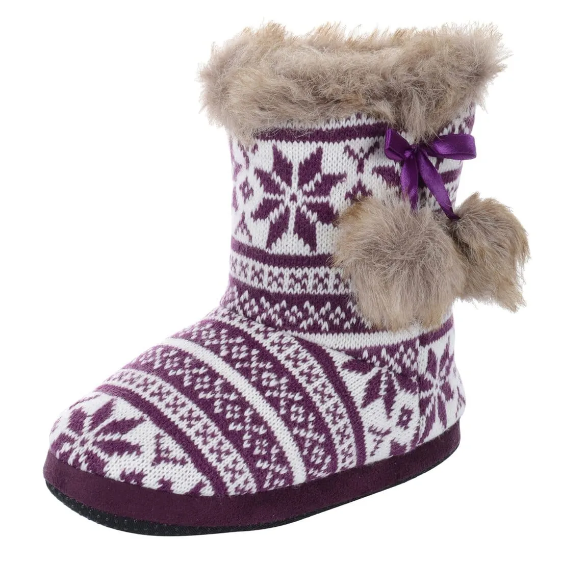 Womens Slipper Boots Fair Isle Nordic Faux Fur Pom Poms