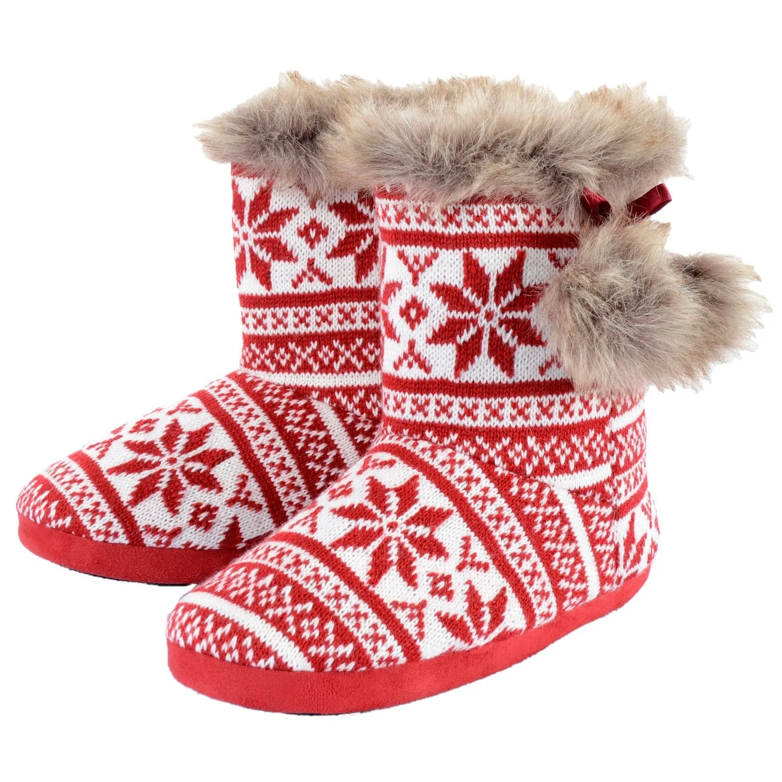 Womens Slipper Boots Fair Isle Nordic Faux Fur Pom Poms