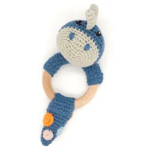 Wooden Ring Rattle Bunny Dinosaur in Blue